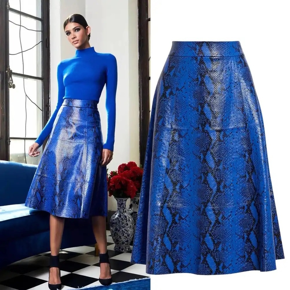 alice+olivia Sosie Lamb Leather A Line Skirt Snake Cobalt Blue Size 0